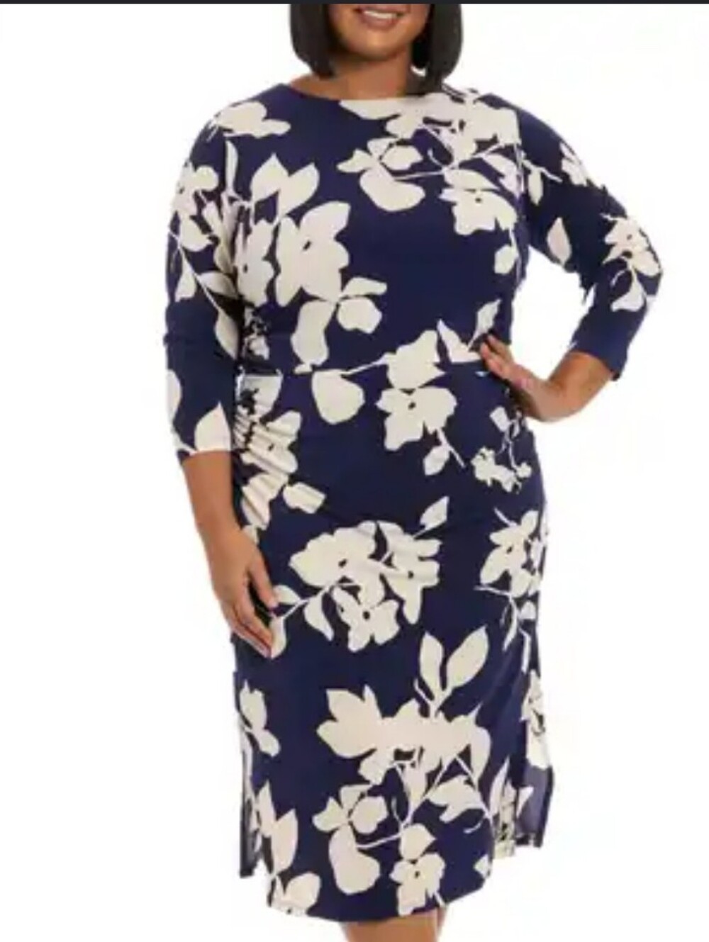 NWT London Times Navy Cream Floral Ruched Midi Dress Size 12 3/4 Sleeve